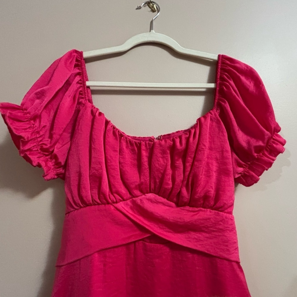 🥰2/$20 Streetwear Society XL Fuschia Pink Empire 80s Puff Sleeve Satin Dress - Picture 6 of 12